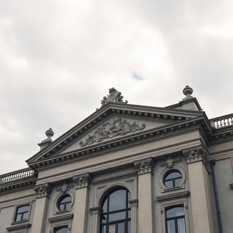 Průčelí veřejné budovy pod zataženou oblohou